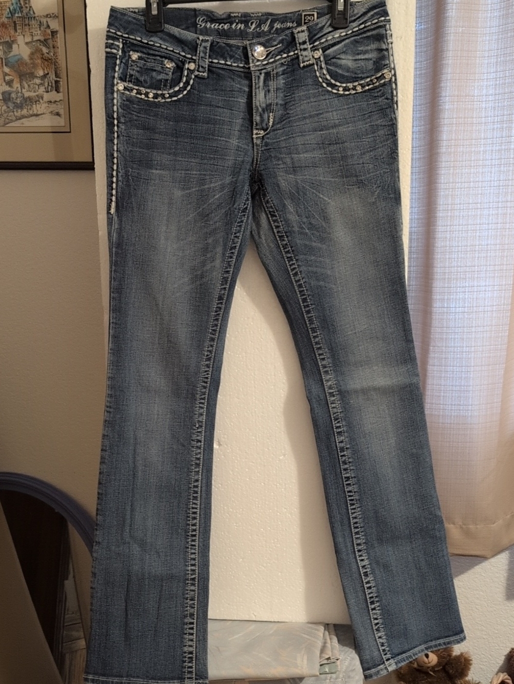 Grace in LA Women's Boot Cut Jeans with Rhinestone Trim - Blue Wash